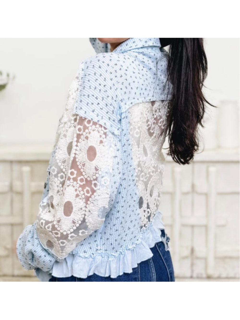 Women's Pol Floral Button Down Shirt, Size M, Blue and White - Picture 2 of 7